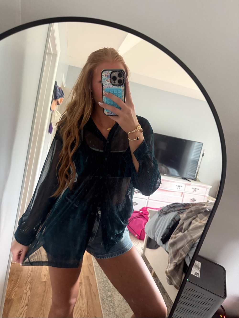 Sheer Button-Up Tunic Top in Dark Teal